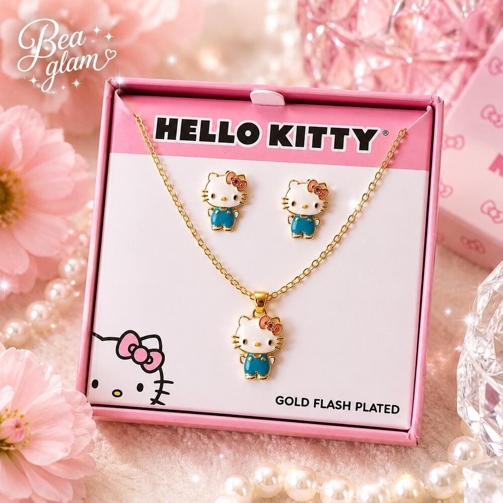 Hello Kitty Sanrio Gold Flash Plated Necklace Earrings Set Pink Crystal Signed